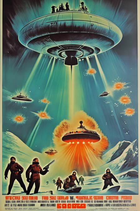 <lora:Movie Poster:1>Movie Poster - a movie poster to a movie from 1973 picturing a submarine and a ufo in a polar enviroment. An explosion. Soldiers with guns.