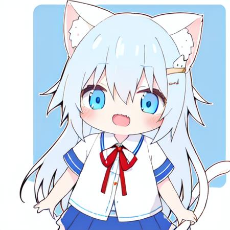 <lora:super-jiamiaoersanshi-v1:1>,nekobohe, animal ears, blue eyes, cat ears, fang, open mouth, animal ear fluff, long hair, bangs, hair ornament, blue hair, ribbon, blush, neck ribbon, red ribbon, white hair, virtual youtuber, shirt, skirt, wings, blue skirt, hair between eyes, cat tail, tail, white shirt