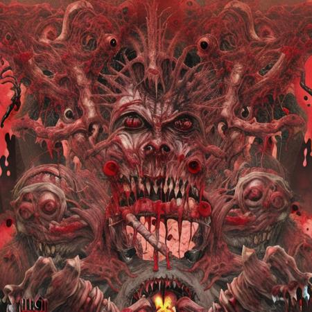 bloody horror monster,split body,no human.,a lot of organs,raw meatball,monster,mutation,weapon,sword,horror (theme),demon,teeth,red theme,extra arms,guro,