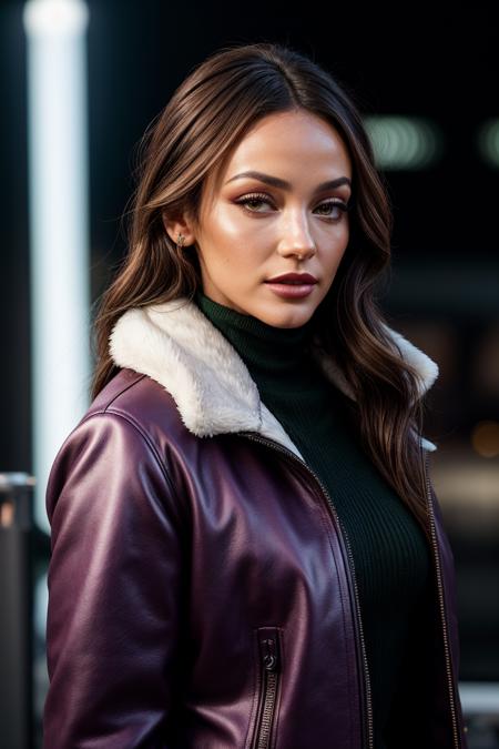 photo of (EPM1ch3ll3K33g4n:0.99), closeup portrait, perfect hair, (modern photo, Faux fur coat in a vibrant and eye-catching color block design), 24mm, (analog, cinematic, film grain:1.3), (([bionic limb manufacturing facility, coffee table,closet organizers,compass,invisibility cloak,fairy wings, diorite stone, bioluminescent organisms,algae bioreactors for lighting, strobe lights, cyberpunk, sci-fi| workshop], gradient:1.1)), ((detailed eyes)), ((eyeliner, long lashes)), (epicPhoto), long eyelashes, (perfect waist), (painted lips)