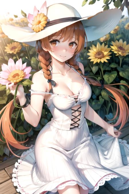 (extremely detailed CG unity 8k wallpaper), (masterpiece), (best quality), (ultra-detailed), (best illustration), (best shadow), (absurdres), 1girl, solo, looking at viewer, smile, blush, <lora:tachibanamarika-09:0.8>, tachibana marika, (twin braids, long braids), orange hair, medium breasts, white dress, strap slip, sun hat, cleavage, (holding, bouquet), outdoors, flower field