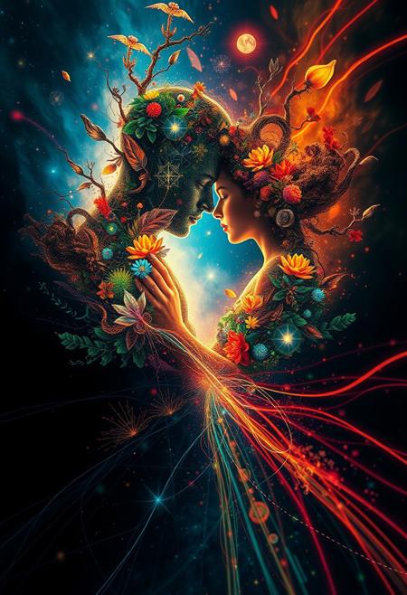 A surreal digital art piece depicting a union as a long-exposure photograph with high contrast and low-key lighting. The vibrant colors create a dreamlike composition with intricate details, nature-inspired themes, cosmic elements, and abstract landscapes. Deep shadows and dramatic effects capture motion or light trails.