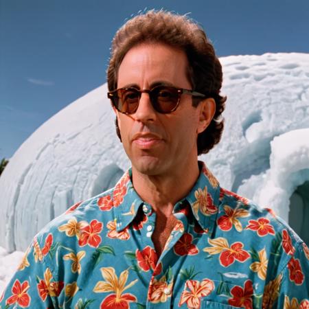 Jerry Seinfeld wearing sunglasses, Hawaiian shirt, in front of igloo
 <lora:Jerry_Seinfeld-000006:1>