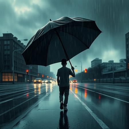 A young man walks down a wet street under a stormy sky, his footsteps echoing in the empty street. In the distance, traffic lights flash like mirages, emphasizing his loneliness. He carries a huge parachute-like umbrella, as if trying to protect himself from an emotional storm. Dark city and stormy sky as a symbol of inner struggle, conflict of feelings that are about to explode. The style is expressionism, gloomy colors, emphasis on the details of the rain and the umbrella.
Translated with DeepL.com (free version)