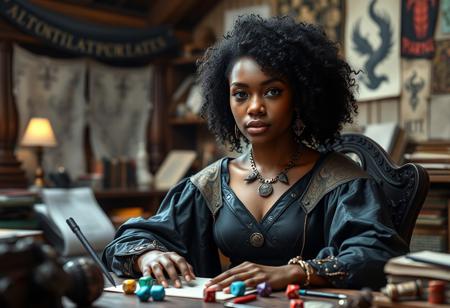 A beautiful young black woman sitting at a desk, playing D&D as a Dungeon Master. The composition should show from the top of her head to the mid of her bust. She has black curly hair and bright brown eyes, wearing stunning high fantasy robes that flow elegantly. The background should suggest a cozy, imaginative gaming environment, filled with dice, character sheets, and fantasy elements, enhancing the sense of adventure and creativity.