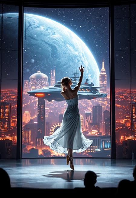 immaculately detailed realistic ultra quality image of a beautiful elegant female dancer is dancing on a futuristic stage micro-LED lighted, the dancer is the focus of the image, every detail of her dress and body are fully visible, the height of the image, behind the dancer on the stage is an enormous seamless and futuristic wall to wall and floor to ceiling window that looks out at a the planet's surface covered with the lights of enormous buildings and cities, An enormous deco starship with futuristic lighting and an enormous space station are visible in the background among the stars, Artistic art deco, dynamic perspective, (((overall architectural aesthetic is Art Deco Cyberpunk))).  Epic image that elicits a feeling of romanticism, wonder, and awe, the silhouette of the audience can be seen in the foreground that show the enormous scale of the stage and seamless window behind it,