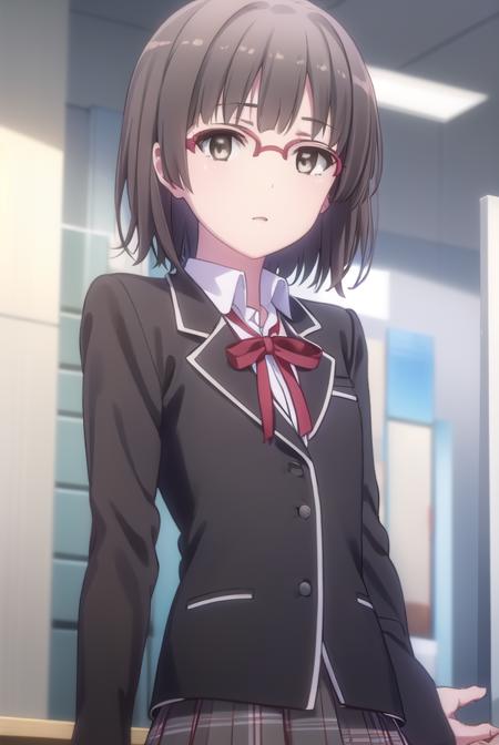 hinaebina, <lora:hina ebina s2-lora-nochekaiser:1>,
hina ebina, short hair, brown hair, black hair, (brown eyes:1.5), glasses,
BREAK skirt, ribbon, school uniform, jacket, black jacket, plaid, plaid skirt, blazer, sobu high school uniform,
BREAK indoors, classroom,
BREAK looking at viewer,
BREAK <lyco:GoodHands-beta2:1>, (masterpiece:1.2), best quality, high resolution, unity 8k wallpaper, (illustration:0.8), (beautiful detailed eyes:1.6), extremely detailed face, perfect lighting, extremely detailed CG, (perfect hands, perfect anatomy),