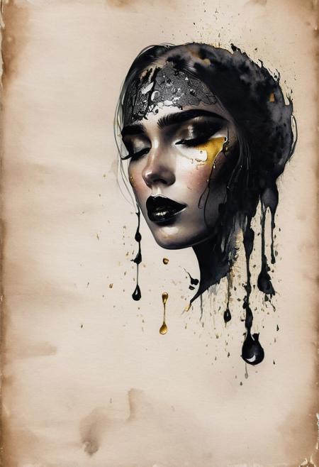 RAW profile photo, close-up, dark atmosphere, crying with tears made of gold, masterpiece, cinematic film still of a blonde beautiful woman, detailed skin, freckles ,eyeliner, dark lipstick, black lace turtleneck dress, tack sharp focus on eyes, Sensual, lustful, seductive,  intricate, ultra detailed, 8k, <lora:MS_DitavT_V1_32:0.6>