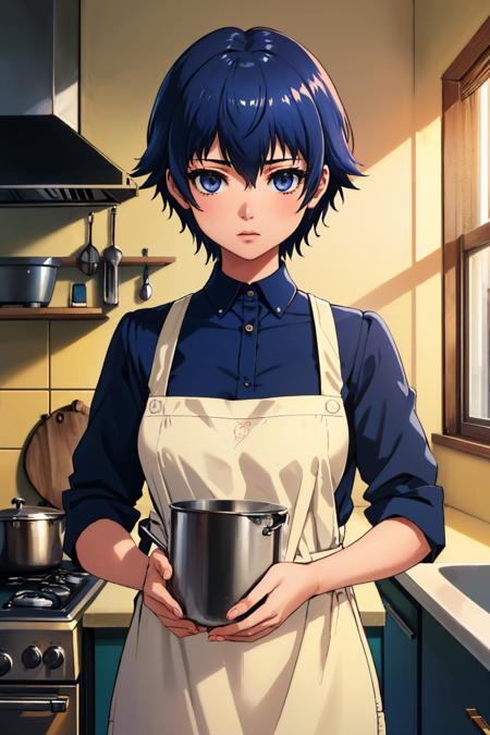 (masterpiece, best quality:1.2), solo, 1girl, shiroganernd, expressionless, looking at viewer, shirt, apron, pants, kitchen <lora:persona4_shirogane-17:1>