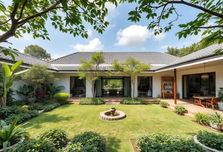 Seen from straight on angle shot from yard view, this three-generation garden house is nestled in vibrant greenery, designed to foster family togetherness and daily functionality. The house is structured around a central open courtyard, where lush plants and a small water feature create a serene atmosphere. Surrounding the courtyard, the home’s main areas extend in a “U” shape: on one side, a grand living-dining space (~40 sqm) accommodates large family gatherings, seamlessly flowing into a modern kitchen equipped for daily meals and family celebrations.
Adjacent to the communal areas, an ancestors' worship room connects with the living room, embodying tradition and respect. Bedrooms for each generation are thoughtfully positioned for privacy: a spacious room for elderly family members faces the garden for easy access; the middle-generation rooms feature flexible layouts; and smaller rooms for younger members complete the family-oriented design. Verandas and shaded patios provide relaxation spaces overlooking the garden paths, vegetable patches, and seating nooks for evening gatherings, blending indoor and outdoor spaces harmoniously. The overall design balances openness with cultural intimacy, creating a peaceful family haven amidst nature. (Ultra Realistic:1.0),32k,(Masterpiece:1.0),(High Detailed Skin:1.0),( High Quality:1.0), (Detailed Realistic Background:1.3), (Official Art, Beautiful and Aesthetic:1.2), (Realistic Lighting:1.0),