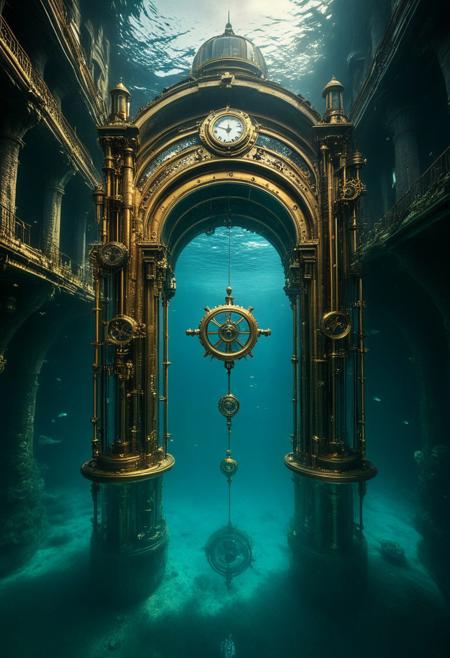 Underwater steampunk city, 8K, photorealistic, ((masterpiece, hyper-detailed)), crystalline waters, brass and copper structures, highres, ultra-sharp focus, A vast submerged metropolis of Victorian-era buildings and clockwork mechanisms. Design a minimalist logo inspired by the BTS logo. It features two vertical, symmetrical, sleek trapezoid shapes side by side, resembling doors that open toward the future. The words "NALOESIG BTS ARMY" on text completes the bts logo, The design should have a modern, polished, and simple aesthetic. Use a purple and metallic color palette, such as black, silver, purple and white. The shapes should look futuristic
