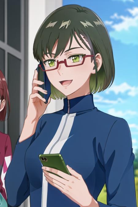 best quality, masterpiece, highres, solo, {shinjo_amane_birdiewinggolfgirlsstory:1.15}, glasses, short_hair, semi-rimless_eyewear, green_hair, green_eyes, under-rim_eyewear, red-framed_eyewear, bangs, cellphone, holding, holding_phone, open_mouth, phone, smile, solo_focus, jacket, looking_at_viewer, blue_jacket, green_background, multiple_girls, 2girls, smartphone, long_sleeves, pink_hair, talking_on_phone, track_jacket, upper_body