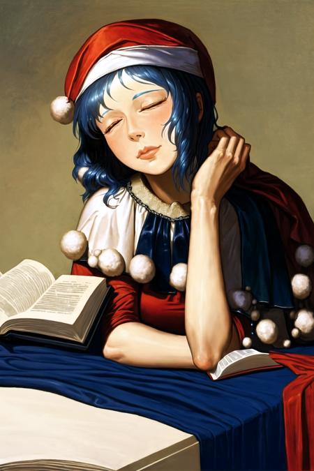 amb, 1girl, solo, hat, nightcap, blue hair, book, fine art parody, closed eyes, pom pom (clothes), sleeping, short hair, dark, lips, table, capelet <lora:amibazh_v4-000012:1>