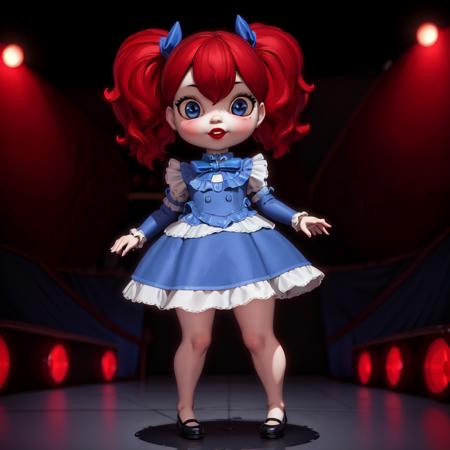 ((masterpiece, best quality)),1girl,full body,  solo, looking at viewer,  dark atmosphere , <lora:Poppy Doll v3:0.85> Poppy Doll, shortstack,red hair, blue dress,shortstack, sfw d60000462489704118080, pcgames on stage