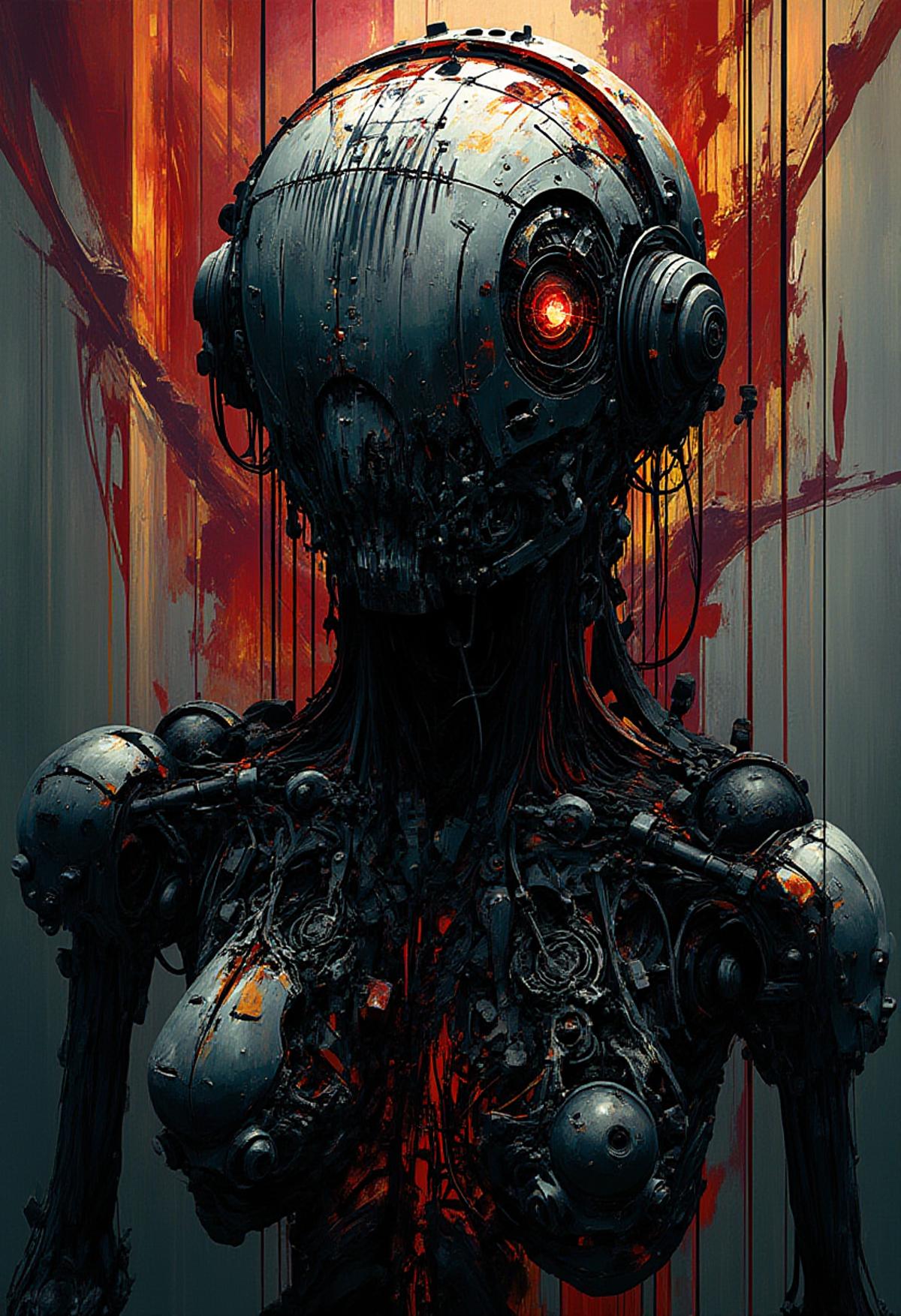 hud_m4x_4bstr4ct_styl, abstract,   darkly colored digital artwork of a humanoid figure with a barcode on its forehead, intricate mechanical attachments, and a somewhat eerie expression. The artwork is highly detailed, showcasing the intricacies of the mechanical components and the texture of the figure's skin. The style is reminiscent of science fiction or cyberpunk genres, with a high level of quality and depth,     <lora:absmaxflux:1.2> <lora: - Flux1 - vanta_black_V1.0:1>