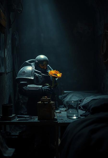 in the grim darkness of the far future there is only war.
but one single UltraM40k boy stands in his small dark room and waters his tiny Sunflower on the metal table next to his black bedroll. cold dimm light illuminates the trist room and his grim but somehow happy look. his power armor is clean and shows every detail and every crack and bullet hole from the fights he has barely won. sharp shadows empowering the contrast of the low angle shot,. Shot with a full-frame DSLR, 85mm lens at f/1.8 for shallow depth of field, ISO 400, 1/100 shutter speed. Cold dimm light enhanced with slight post-processing contrast boost and neutral tone grading. balancing sci-fi horror with dark fantasy. dark gothic warhammer30k theme.