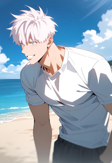 short hair,white hair,bangs,blue eyes, muscular giant boy