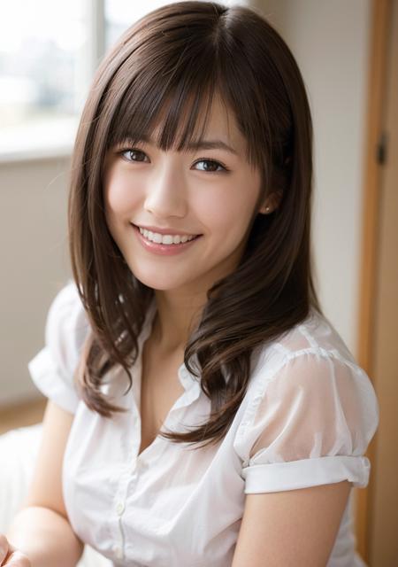 best quality, ultra high res, (photorealistic:1.4), <lora:mayu-000015:0.7>, blunt bangs, light smile, dress shirt,