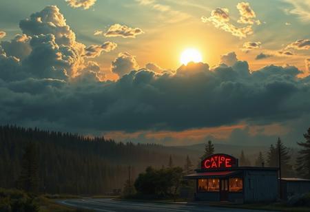 A landscape of a post-apocalyptic city. A dense forest grows near the city. Clouds float across the sky. The setting sun shines. In the middle, between the city and the forest, there is a surviving roadside cafe with lights in the windows.