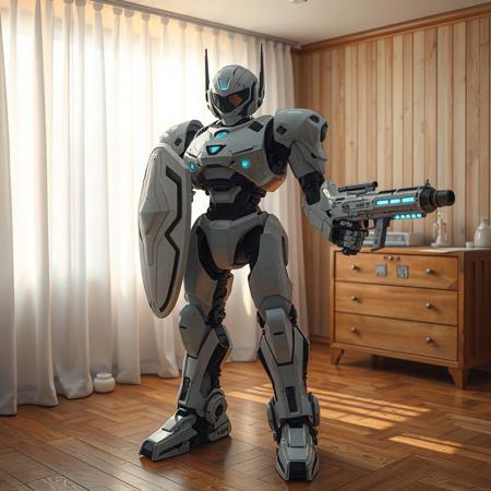 "A futuristic Machine King Prototype robot in a cozy Mystic Mine room: sleek white armor with black circuit-like accents, holding a shield (left) and plasma gun (right). Soft sunlight filters through white curtains onto wooden floors and a minimalist dresser, contrasting the robot’s tech-aesthetic. Hyper-detailed textures: glossy carbon fiber, glowing energy cores, and matte-white surfaces. Stylized with Studio Ghibli whimsy and Blade Runner futurism. Rendered in Unreal Engine 5 realism, Octane Render gloss, and Dutch angle composition. Color palette: warm wood tones, stark whites, and neon-blue energy accents. Background features faint holographic interfaces and floating dust motes. Trending on ArtStation, 8K HDR, golden ratio framing. Tags: retro-futuristic harmony, human-robot coexistence, hyperdetailed mecha, cinematic depth-of-field, soft ambient lighting."