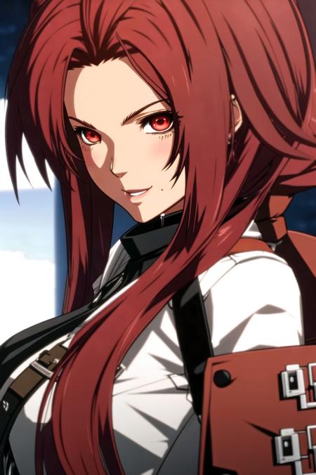 happy, a battle girl, red eyes, itricate hair, <lora:GuiltyS:0.8>, guiltys, by Akihiko Yoshida