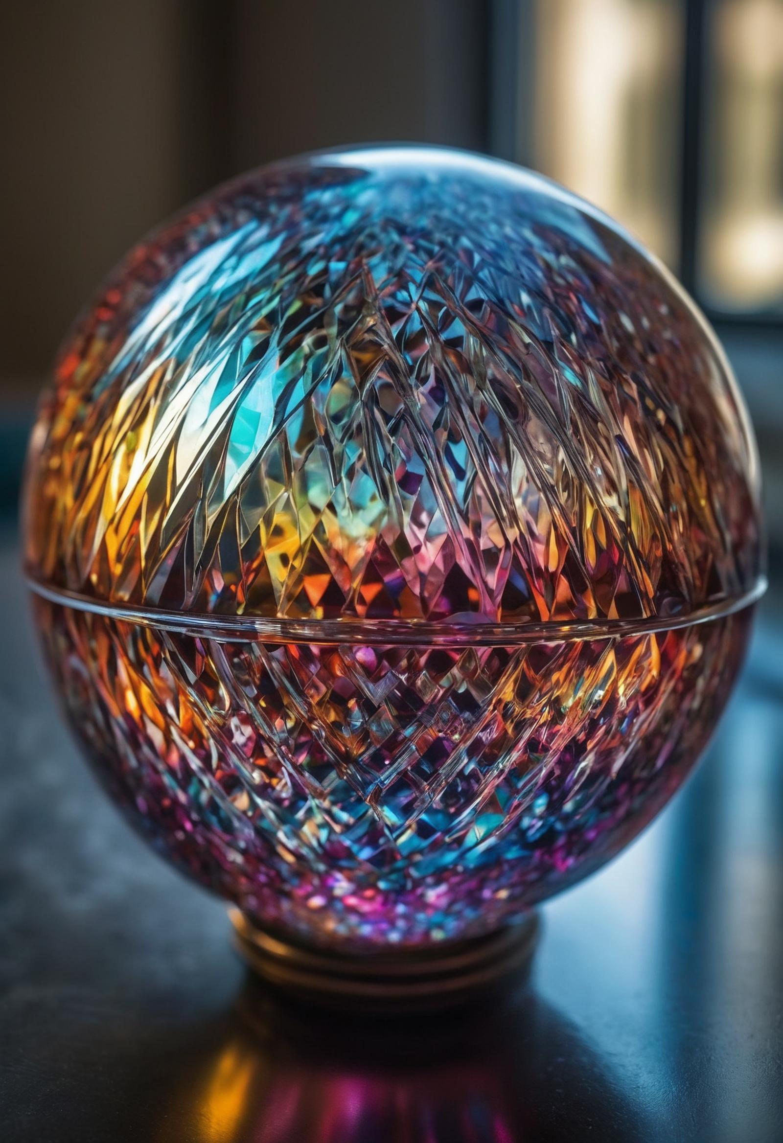 A closeup of a colorful glass ball with an intricate pattern.
