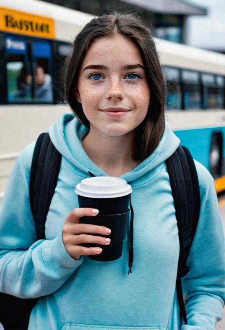 18-year old girl, dark hair, cream hoodie, light blue eyes, medium breasts, freckles,  with a black backpack, holding a coffee cup, standing on the bus station, hyperrealistic, realistic photo, 8k quality, best quality