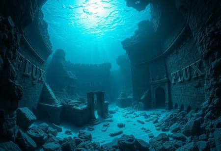 plot, (deep Underwater cityscape of antiquity ruins on the sea floor), The letters "FLUX" are carved on the walls, Mythical Nightscapes, advntr