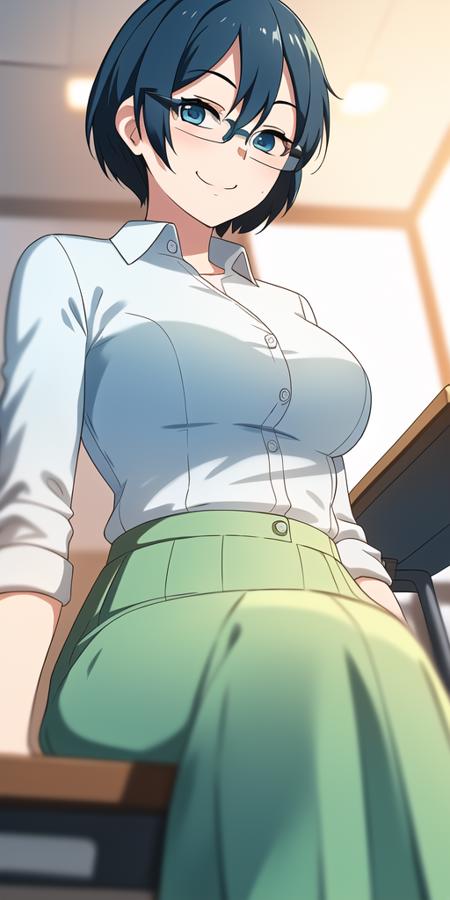 realistic,beautiful, <lora:steampunkEngis_katawashoujo_shizunehakamichi:0.8>, 1woman, solo, seductive_smile, smug, seductive_eyes, eyes half closed, sitting on desk, facing viewer, short blue hair, (glasses:1.3), blue eyes, teacher, white shirt, green skirt, from below, studio lighting