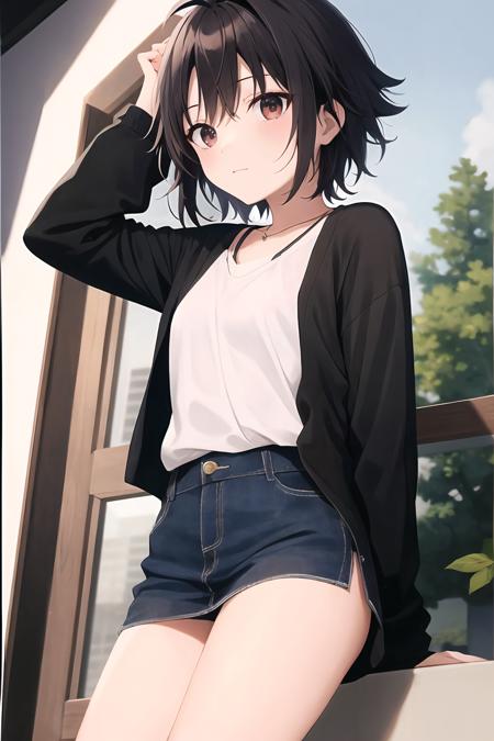 absurdres, kikuchi makoto, 1girl, solo, short hair, black hair, antenna hair,