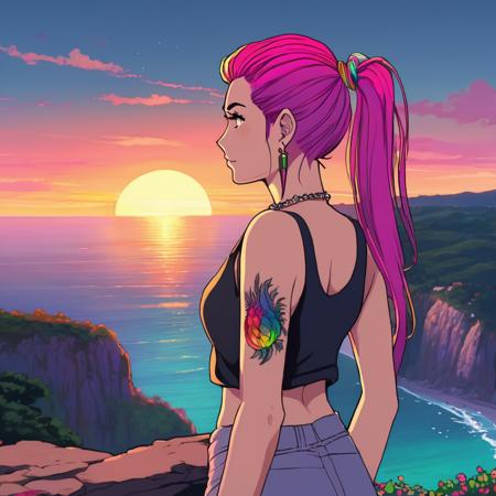 image in ghst artstyle of young woman wearing a sleeveless top, tattoos, she has bright glowing colorful rainbow neon hair in a ponytail, she is standing on a cliff overlooking the ocean, the sun is setting, dusk, evening