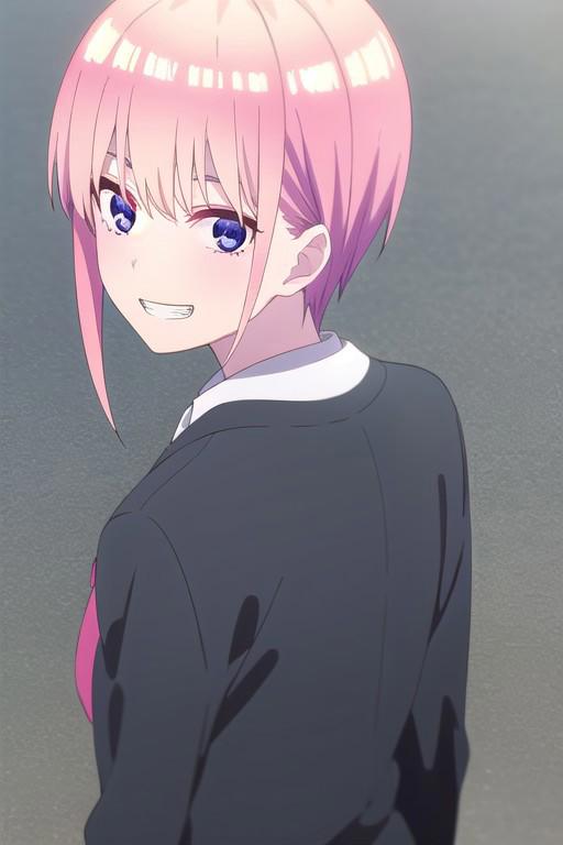 back, ass, back, looking at viewer, ichika nakano, solo, short hair, bangs, blue eyes, pink hair, smile, grin, shirt, hair between eyes, cardigan, skirt