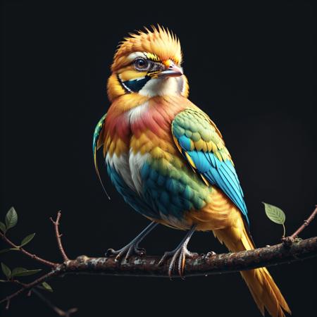 a yellow bird, colorful,
yang08k, photography, beautiful,  black background,
masterpieces, top quality, best quality, official art, beautiful and aesthetic,  realistic,
 <lora:yang08k:0.7>