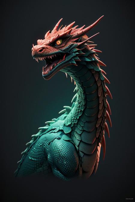 Asian dragon , blue, green snake gradient vibrant neon colour, rough, textural, broad brush strokes, red color prominent detailed, alienzkin, silhouette, spotlight, dark theme, c4d, blender, raytracing, unreal engine 5, render 3d