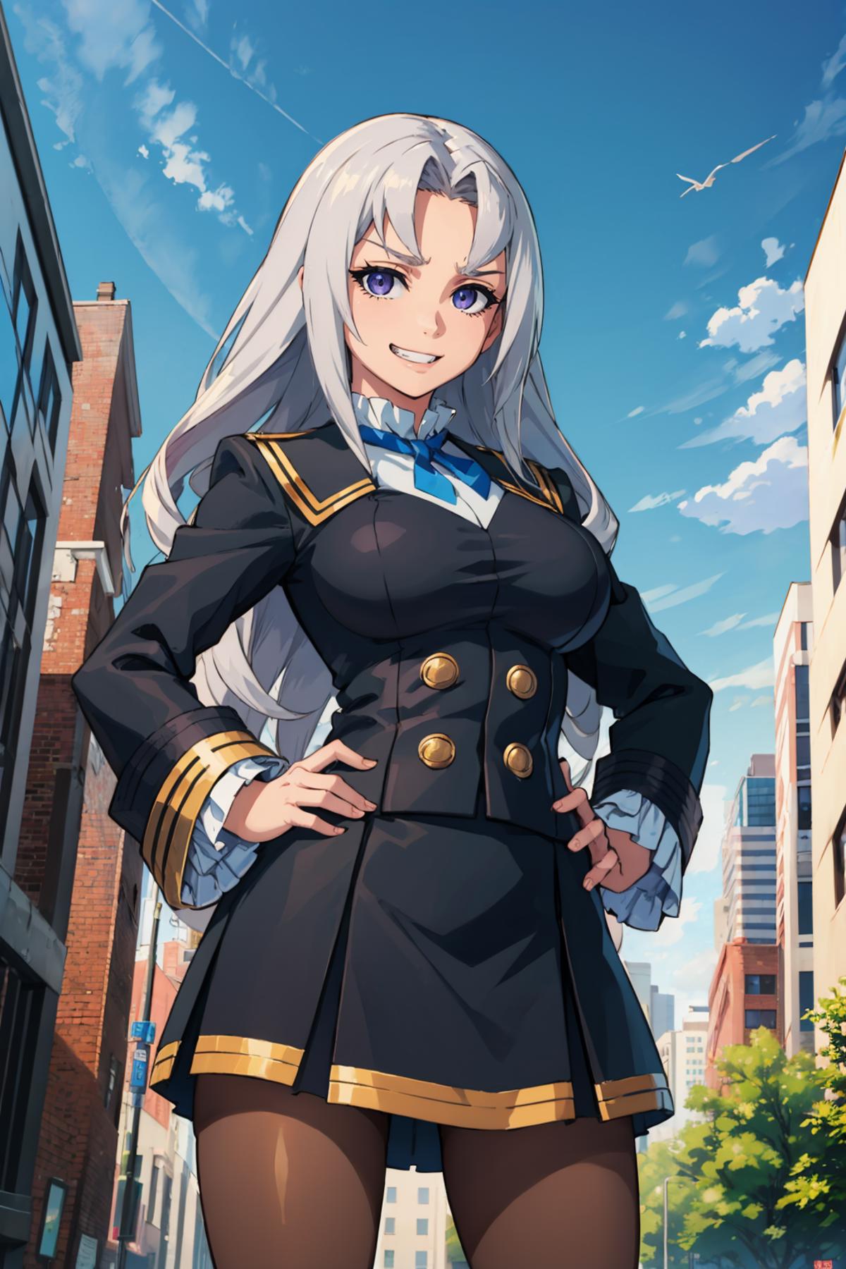 Anime character in a uniform posing in a city street.