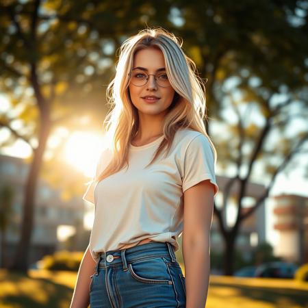 A 20-year-old blonde girl, wearing a t-shirt and high-waisted jeans, standing in a sunlit urban park at golden hour, realistic skin texture, soft natural lighting, detailed background with trees and a clear blue sky, ultra-realistic, 8k resolution, black hair, close view, taken by Canon R5, 85mm lens, best quality, ultra detailed, intricate, professional photography, HDR, High Dynamic Range, (8k UHD), RAW photo <lora:Muatori:1>