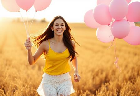 A joyful beautiful woman in a yellow sleeveless top and white crochet lace pants runs, long brown hair through, a sunlit California field, her long brown hair, holding a large bunch of pink balloons in her right hand, capturing a playful golden hour glow.