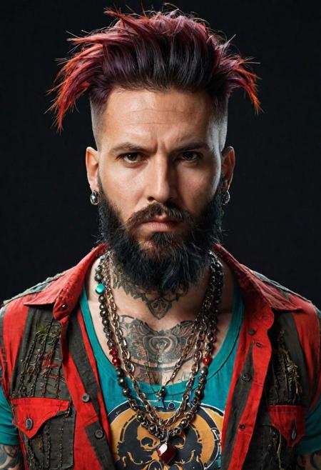 (close-up:1.35), bearded man pavelabramov, multiples large necklaces, (colored:1.2) punk destroyed shirt, 3d character, game character, 3d render, deciduous, dirty clothes, thorns,serious face,cool, tattoos, subsurface scattering, black background, textured skin, ( intense expression, looking at viewer), red black hair, ear piercing, highly detailed hair, dreads, dreadlocks, mohawk haircut style, dark blackground, simple background