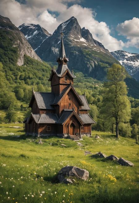 masterpiece, high quality photo, RAW photo, 16K, high contrast, View of a small and isolated Stave Church in Norway in the middle of a meadow surrounded by mountains, in spring, spring vegetation, flowers, birds, late afternoon.