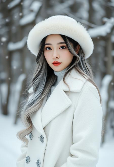 araffe woman in white coat and hat standing in snow, pale snow white skin, whitebangsblackhair, 4k hd. snow white hair, ulzzang, jiyun chae, very long snow colored hair, black wavy hair, korean women's fashion model, black silky hair, shoulder length black hair, korean audrey hepburn, geisha hairstyle