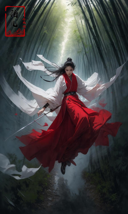 To shoot from above.  art by Zao Wou-kiextreme close - up, focus on face, A woman in red Hanfu, wearing a white transparent veil Chinese swordsman floats over the bamboo forest and stretches his body, sologopro photography, enemy falling to the ground, ancient Chinese bamboo forest in the background, concept art
QingKung1girl( super vista, super wide Angle:1.6)
<lora:~Q?-{R Qing Kung:0.8>