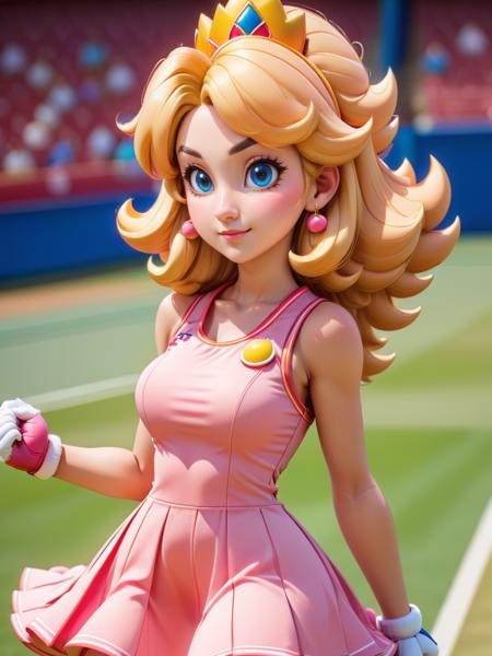 Super Mario style woman wearing a tennis dress <lora:xl_tennis_dress-1.0:0.8>, princess peach . Vibrant, cute, cartoony, fantasy, playful, reminiscent of Super Mario series