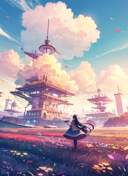 1girl, long hair, sky, cloud, solo, scenery, day, field, black hair, dress, wind, outdoors, blue sky, grass, flower, fantasy, floating island, standing, very long hair, flower field, from behind <lora:vines-pynoiseLoHa:1>