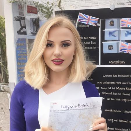 photorealistic high quality high resolution 8k  portrait of (((lucybella))), <lora:LucyBella:1>, an elegant teacher in a tight jumper and long, very light blonde hair, standing in a classroom in front of a map of Great Britain