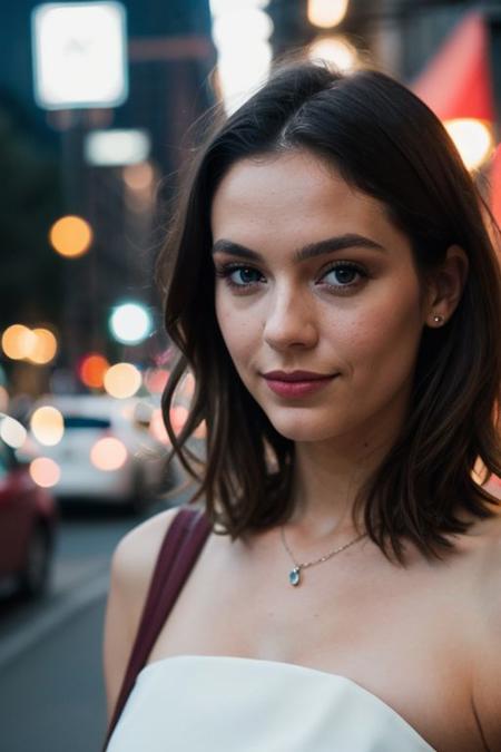 instagram photo, closeup face photo, young dutch woman, wearing a dress, beautiful face, makeup, night city street, bokeh, motion blur