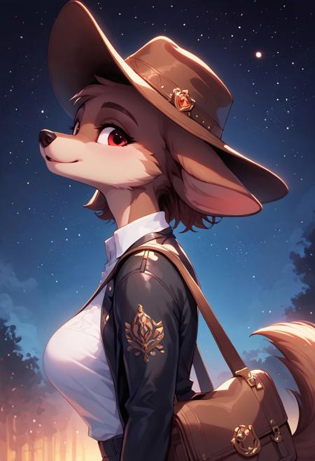 safe_pos, masterpiece, score_9_up, score_8_up, score_7_up, score_6_up, (best quality:1.1), ultra-detailed, high resolution, highly detailed macro illustration, 1girl, Komxl, anthro, canine, animal ears, animal nose, red eyes, brown fur, skindentation, (cute expression, cute face:1.1), black jacket, white shirt, shoulder bag, cowboy hat BREAK upper body, (close up), outdoors, (side view:1.5), starry sky, night, look at viewer, (open mouth:0.5) BREAK sharp focus, perfect lighting, anatomically correct, extremely detailed, tranquil setting, high detail, serene, Expressiveh, detailed background, OverallDetail, zPDXL3, p3tl0v3