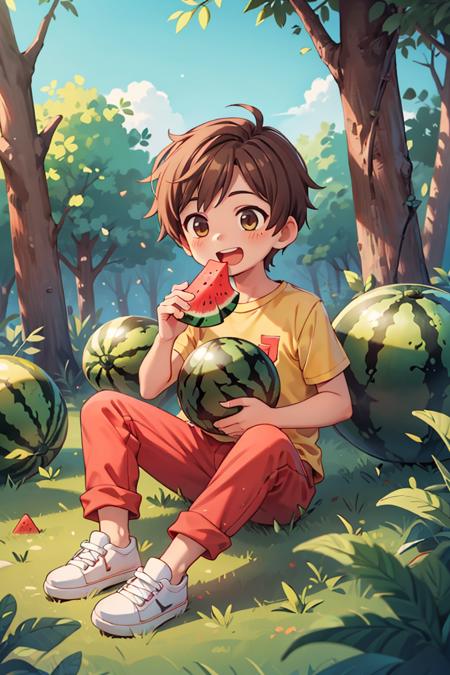 masterpiece, best quality, ruit,1boy, solo,eating,holding watermelon, male focus, brown hair,yellow shirt, pants, holding, open mouth, sitting ground, smile, short sleeves, white footwear,sky,forest, dog,<lyco:GoodHands-beta2:0.8> (more Cut Watermelon:1.1),<lora:more_details:0.3>,