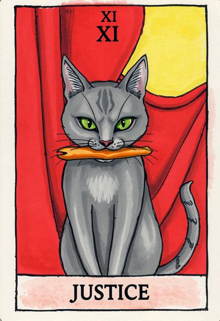 This image depicts a tarot card, specifically the "Justice" card, as indicated by the text at the bottom. The central figure is a gray feline with striking green eyes, holding an orange, somewhat limb-like object firmly in its mouth. The cat's expression appears intense and focused. Behind the feline, a dramatic swathe of deep red drapery forms the background, creating a sense of depth and perhaps solemnity. Above the cat and the drapery, a strip of light yellow is visible, suggesting a sky or a source of light. At the very top of the card, the Roman numeral 'XI' is prominently displayed, signifying its traditional number within the Major Arcana. The artwork has a distinct hand-painted or watercolor feel, with visible brushstrokes and a somewhat stylized, illustrative quality. The overall composition is simple yet impactful, drawing the viewer's eye to the central figure and its action, set against the rich red backdrop.