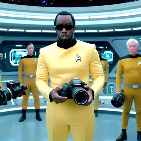 <lora:puffdiddyxl:1.2>  puffdiddy man, beard,, very dark skin  black hair,, on a space ship deck wearing star trek outfit, holding a camera fiming  <lora:Director Wes Anderson style:1> wes, style, anderson, director