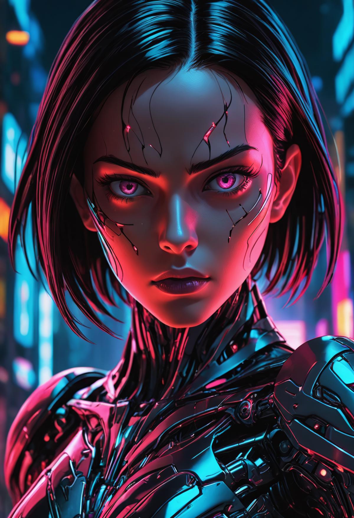 Artistic and Futuristic Image of a Woman with Purple Eyes and Cybernetic Enhancements